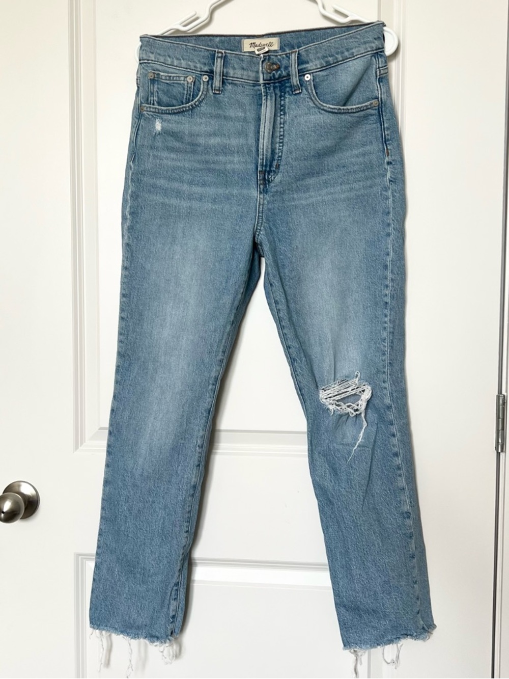 Madewell Perfect Vintage Straight Jeans Light Wash Distressed Raw Hem Size 28
